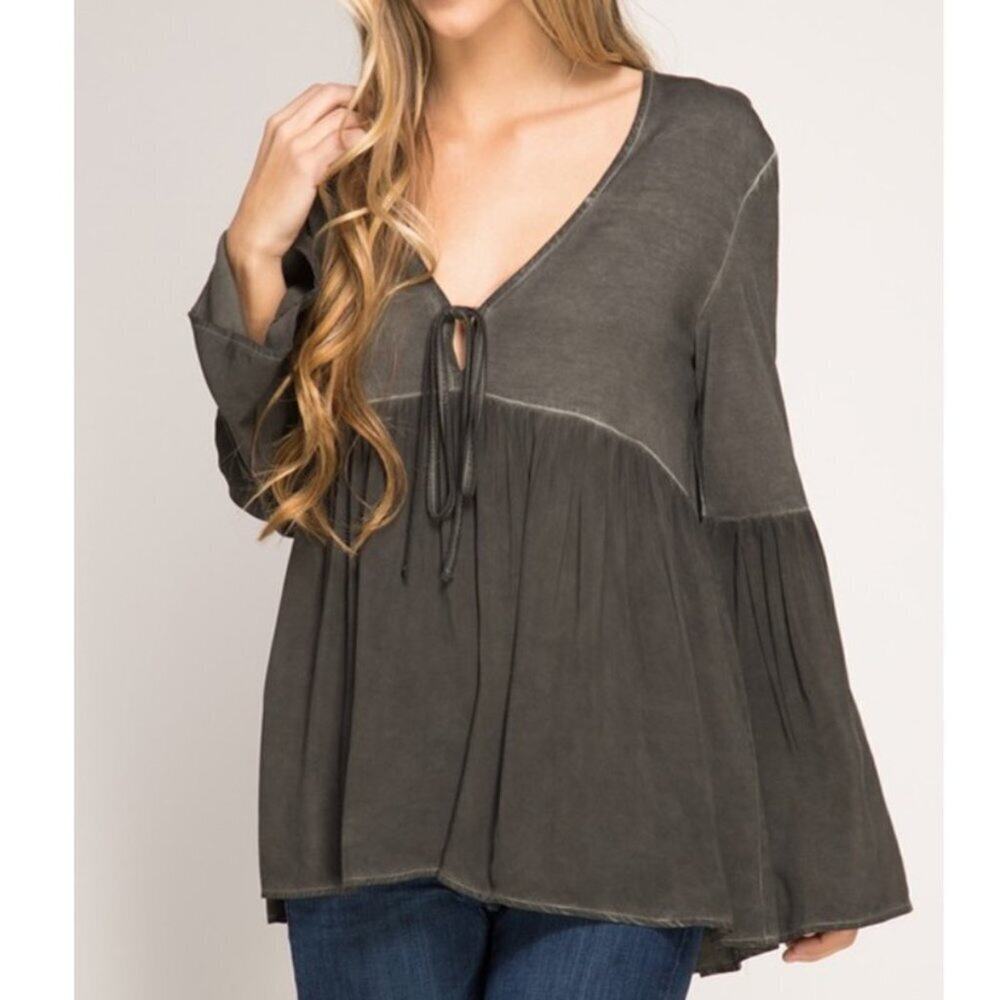 A614-B • Enzyme Washed Bell Sleeve Tie Front Blouse